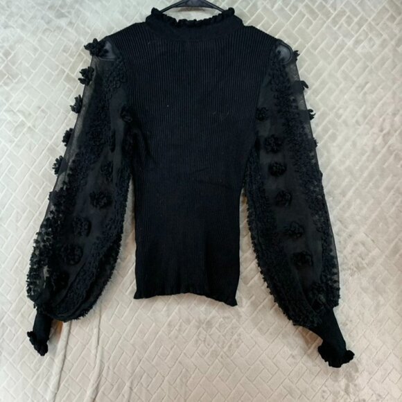Almost Famous Womens S Sweater Black Ribbed Sheer Long Puff Sleeve Cabin Cottage - Picture 12 of 16